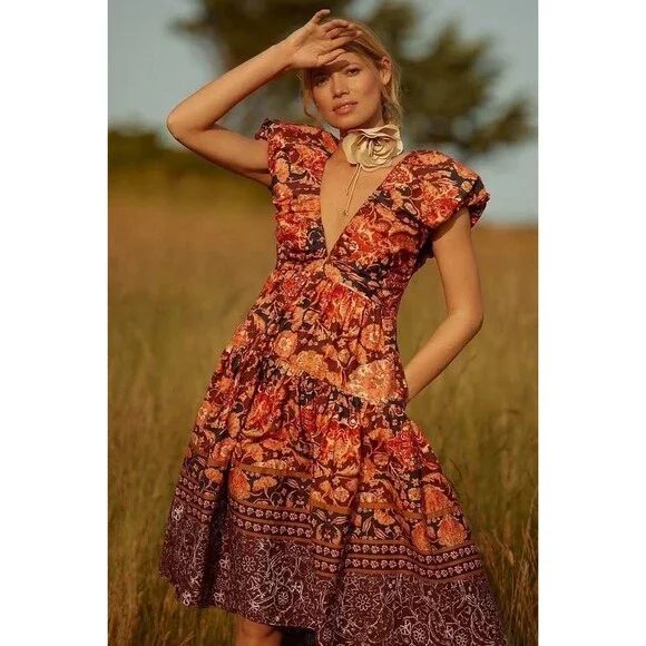 Anthropologie Printed V-Neck Babydoll Dress US 4 NEW