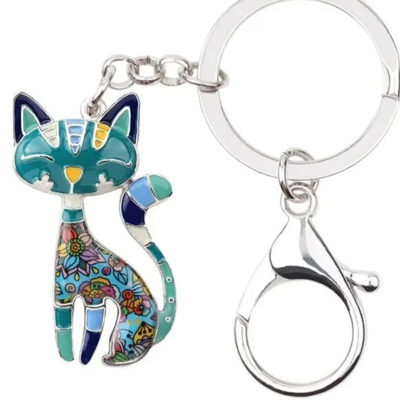 NWT Enamel Alloy Floral Cat Keychain Purse Charm Clasp Key Ring
