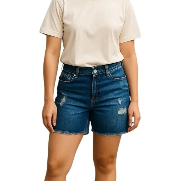 Gap Size 10 Distressed Long Length Denim Shorts Stretch