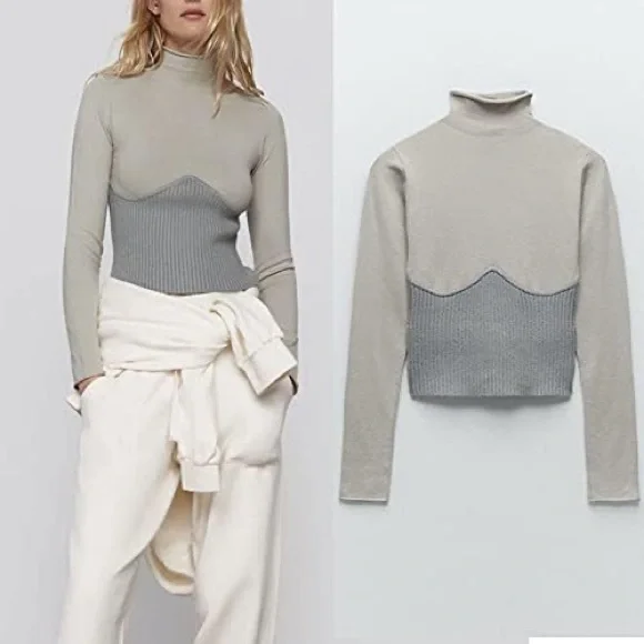 Zara Contrast Combination Mock Neck Knit