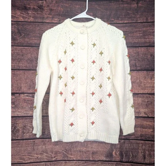 Vintage Granny Core‎ Cream Sweater Cardigan with 3D roses Size 36 XS??