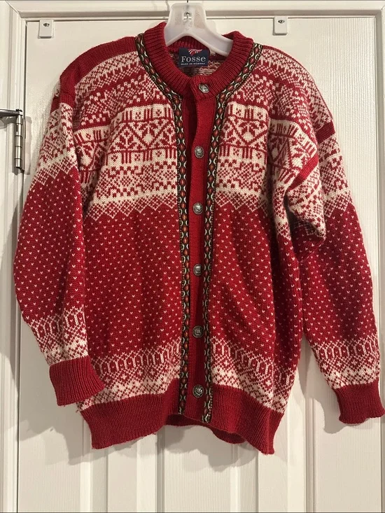 Sandviken Nordic Fair Isle Wool Cardigan Small Red Viking Motif Button