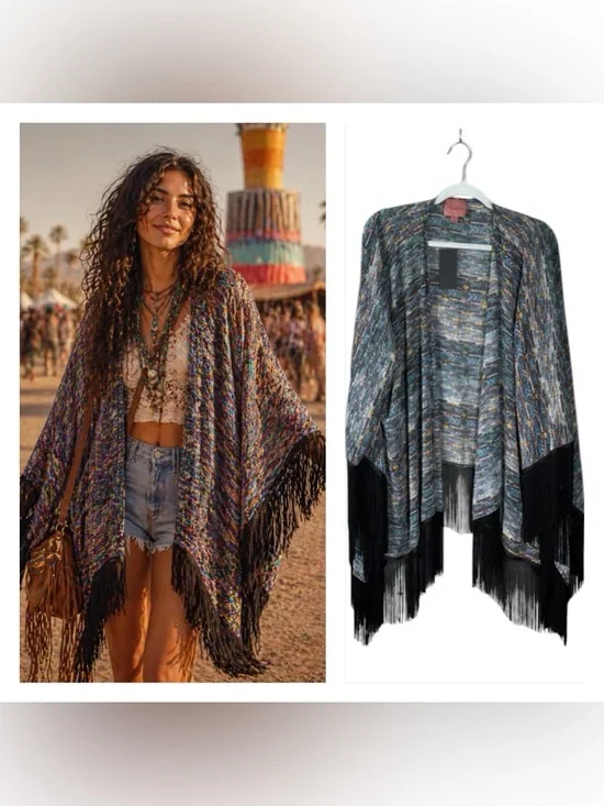 Bohemian Fringe Poncho Festival Kimono Size Large coachella Western Hippie