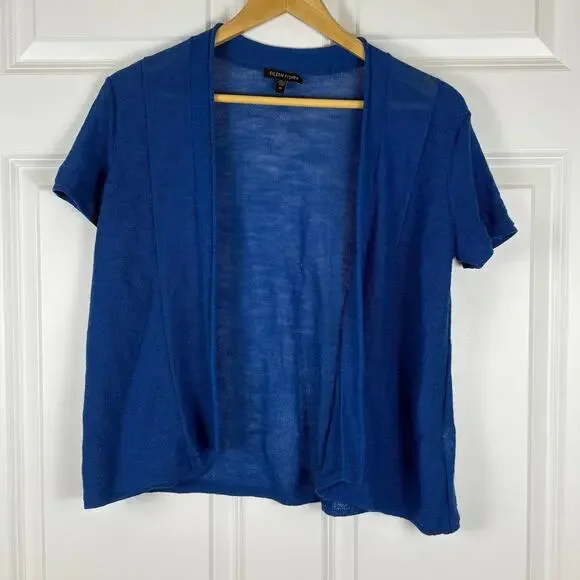 Eileen Fisher Wool Short Sleeve Cardigan Blue Quiet Luxury Office Women's Medium