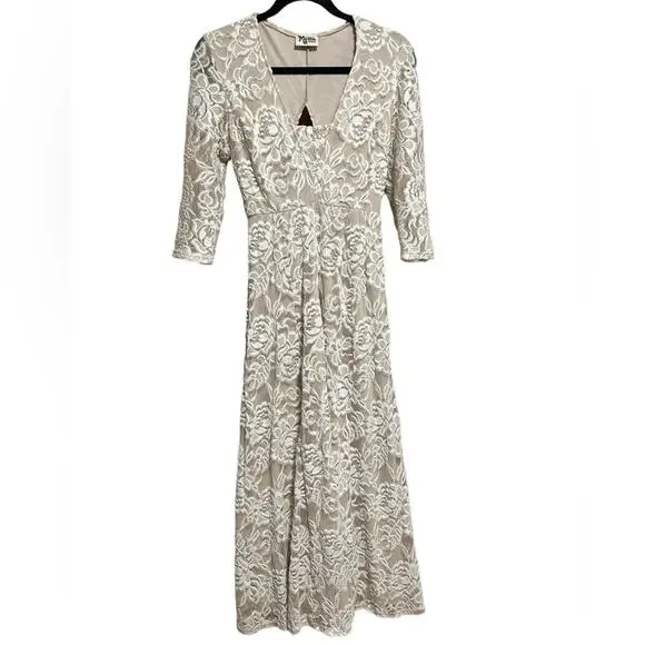 Show Me Your Mumu Tan and White Lace 3/4 Sleeve Dress with Keyhole Back Medium