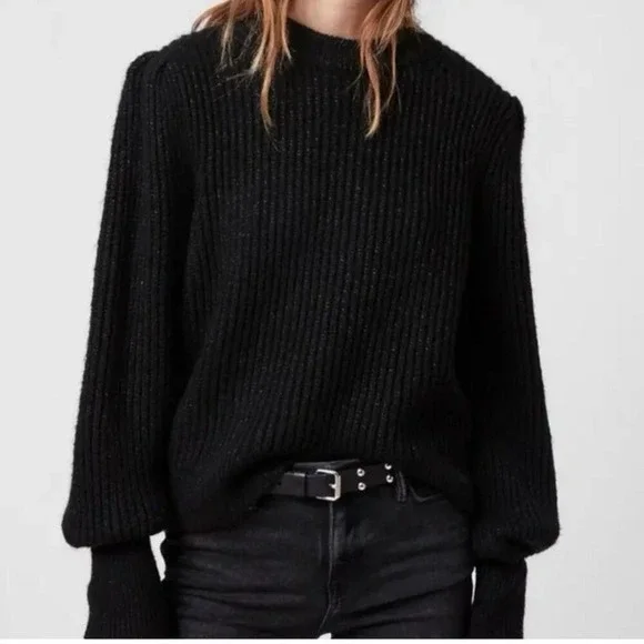 AllSaints‎ Myra Shine Wool Blend Women's Sweater Puff Shoulders in Black Size S