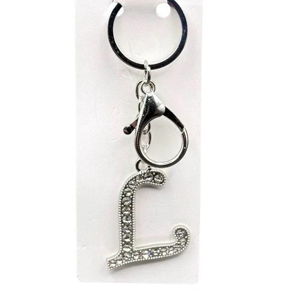Silver Rhinestone‎ Initial Letter L Keychain Bag Charm Bling Monogram Crystal