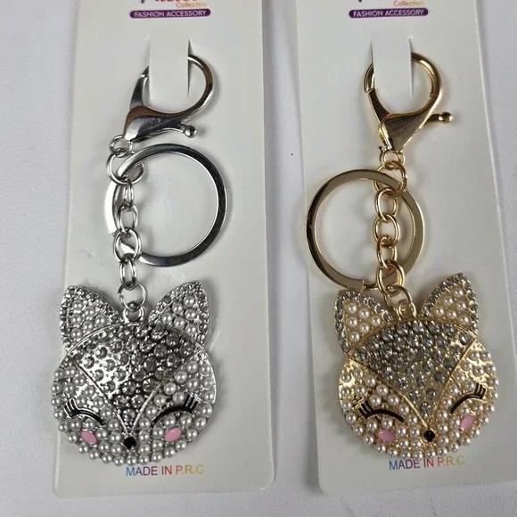 Pastel Collection Fox Bag Charm Key Chain OS Gold Silver NEW Pearl Rhinestone