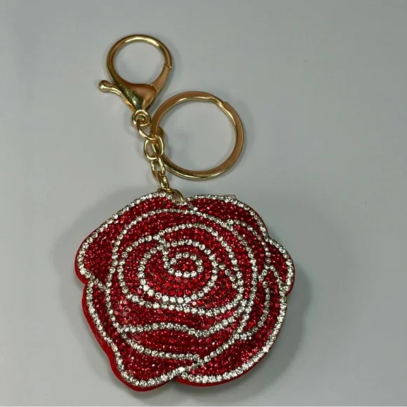 Bling Red Rose Rhinestone Keychain/Bag Charm with Gold Hardware