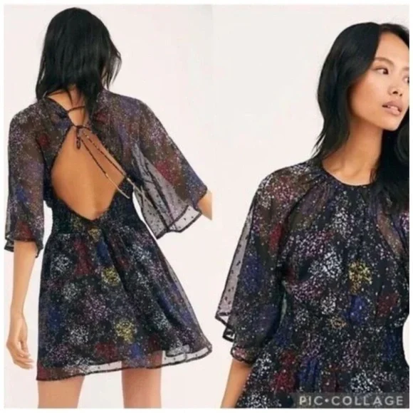 NWT Free People Anna Mini Chiffon Dress Colorful Metallic Open Back size XL