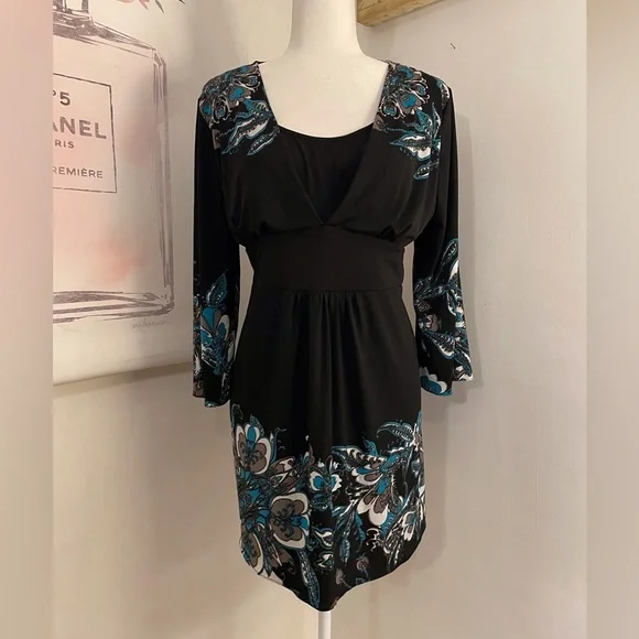 3 Quarter Length Sleeves Dress Black with Flower Design Size L