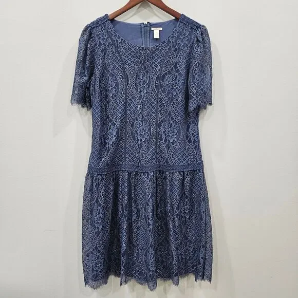 Sundance Women Lace Overlay Dress M Dusty Blue Drop Waist Romantic Feminine Glam