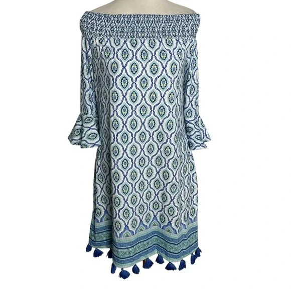 CABANA LIFE Charleston Off Shoulder Smocked Blue‎ White Tassels Dress Coastal L