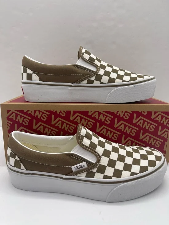 Vans Slip-On Platform Sneakers Checkerboard Sepia Brown VN00018E0E0 New