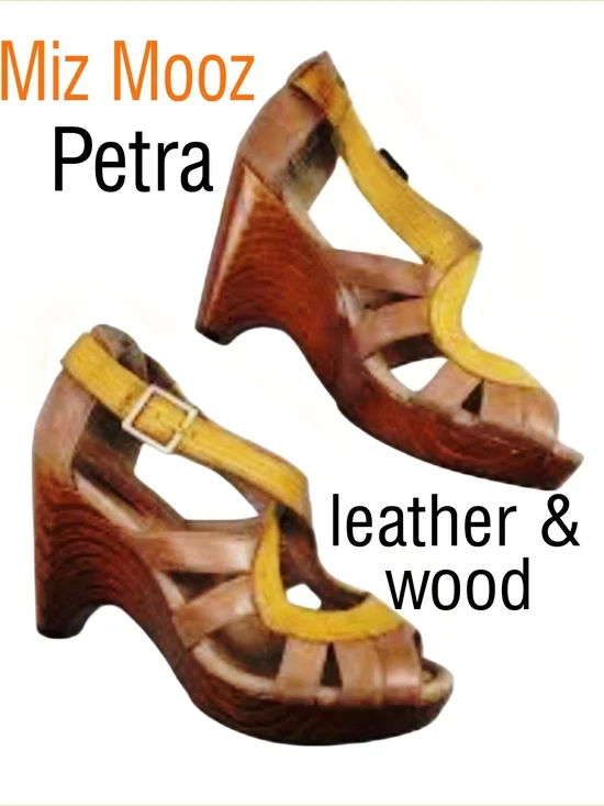 Miz Mooz Petra Yellow and Brown Leather & Wood Wedge Sandals