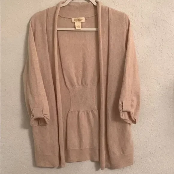 Peck & Peck Women's Beige Sweater 3/4 Sleeve Cardigan Open Front Size Small