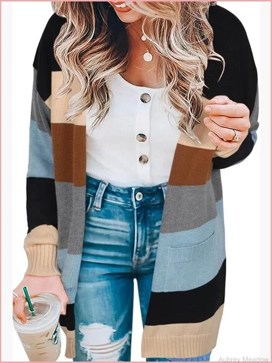 Womens Long Sleeve Open Front Cardigan Sweater with Pockets Knit Fall Winter