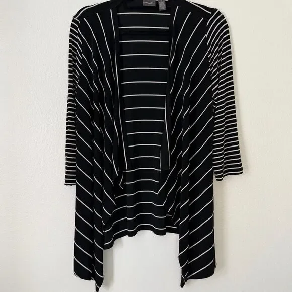 Chicos Travelers Sz 1 (Medium 8) Mixed Stripe Open Front Cardigan Black White