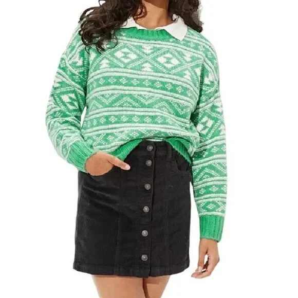 American Eagle Kelly Green Fair Isle Oversized Sweater N0402