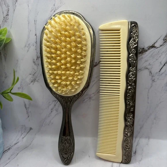 Vintage Ornate Silver Plate Hair Brush & Comb Set Vanity Dresser Collectible