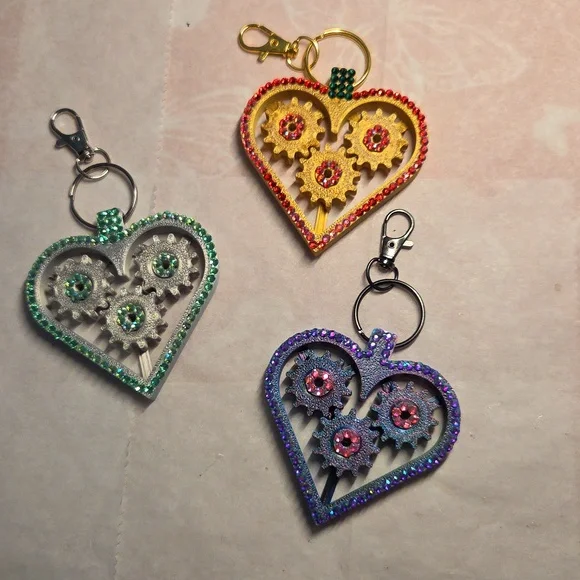 Choice of 1: Hand Crafted 3-D printed Heart with moving gears Keychain/Bag Charm