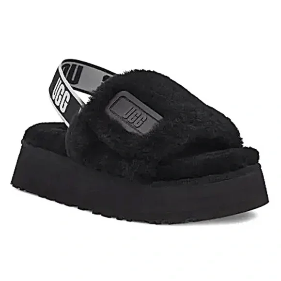 UGG Disco Slide Fur Platform Sandals Black Sheepskin  LIKE NEW Size 8