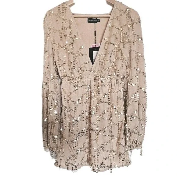 Pretty Little Things Sequin Dress Size 2‎ Gold Champagne Long Sleeve Fringe