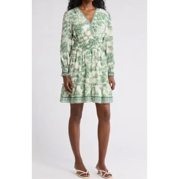 Max Studio Ivory Green Garden ‎ Floral Smocked Waist Dress Size Large