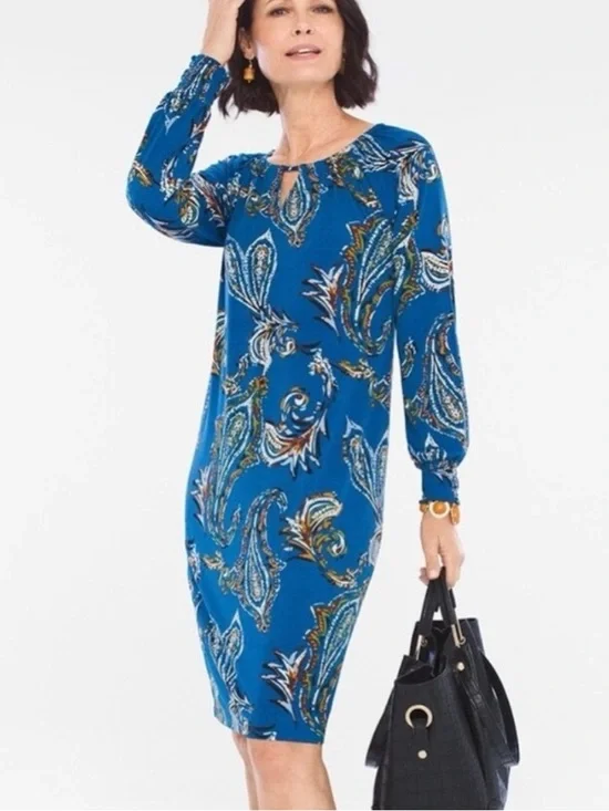 Chico's Dress Opulent Blue Paisley Shift Long Sleeve SZ 1 or M NWOT