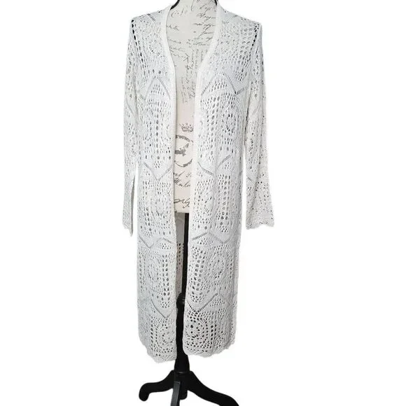 Chelsea & Theodore Women's Size Small Natural Cream Long Crochet Knit Cardigan