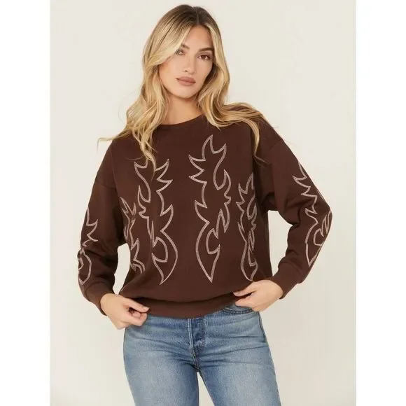 Blue B Boot Stitch Sweatshirt Brown Western Crewneck Size Small NWT
