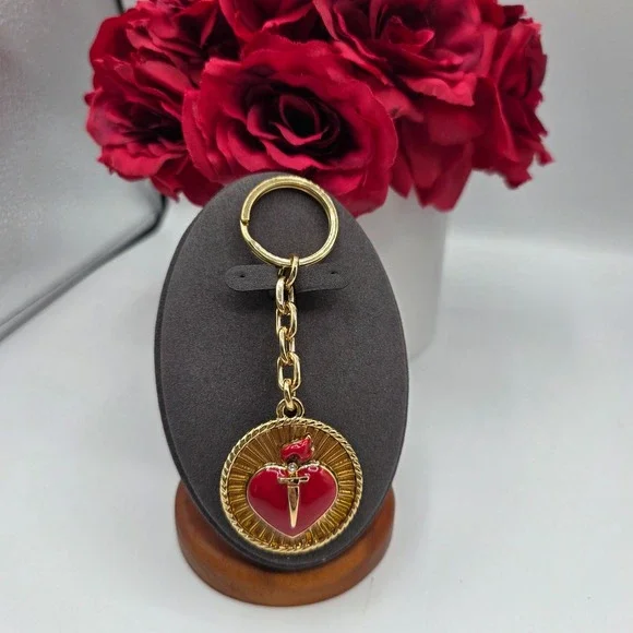 St. John Sacred Heart Gold Tone Red Enamel‎ Keychain Fob Bag Charm Designer