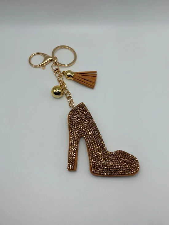 Rhinestone High Heel Shoe Keychain with Tassel - Bronze