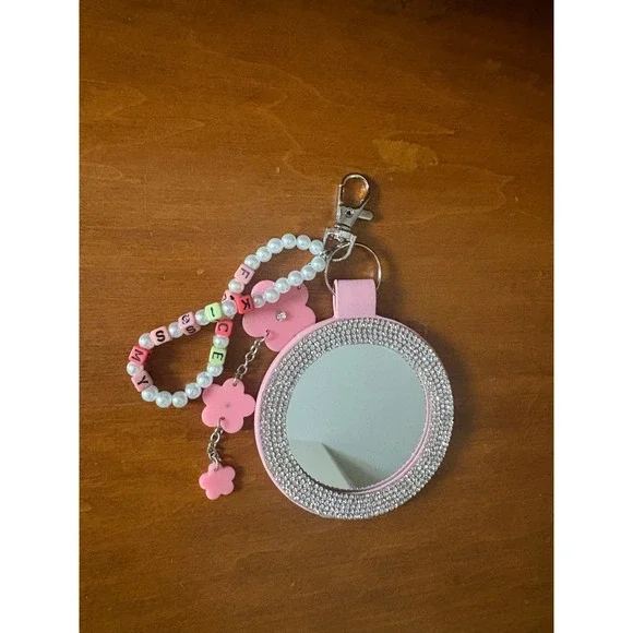 Pink‎ Rhinestone Compact Mirror Keychain Kiss My Face Beaded Wristlet Bag Charm