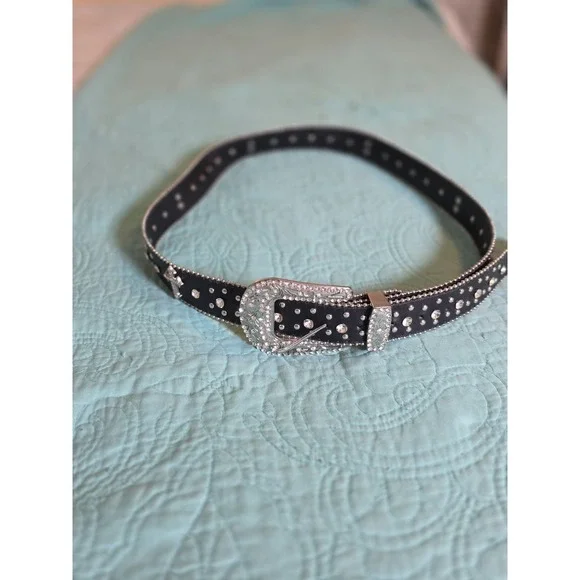 Women's Black Cross Rhinestone Western Motorcycle Bling Leather‎ Belt
