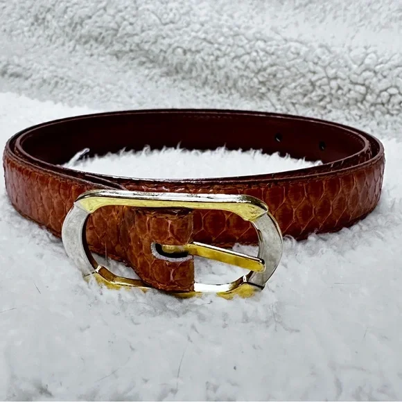 Milor genuine snake 🐍 skin caramel  belt, gold & silver slim buckle S/M EUC!
