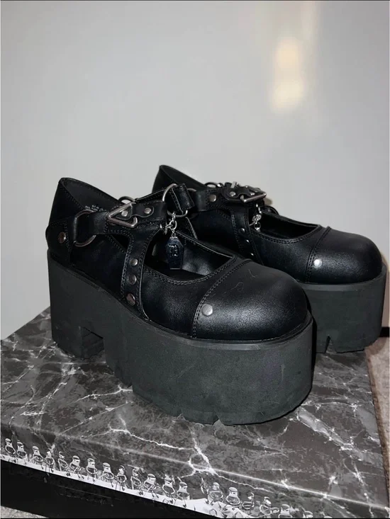 Demonia Black Platform Mary Jane Shoes with Coffin