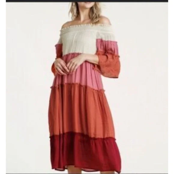 Umgee Linen Blend Color Block Off Shoulder Midi Peasant Dress Womens Size Medium