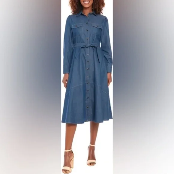 London Times Tie West Long Sleeve Denim Dress B3231