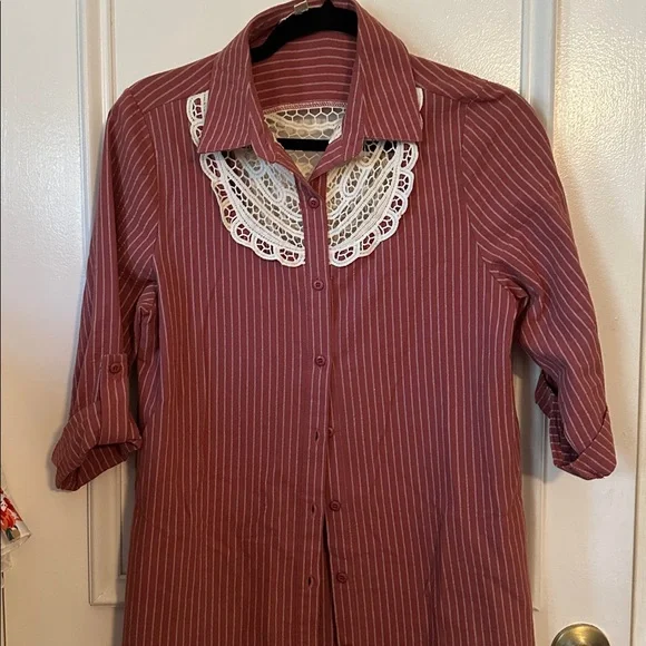 Striped Button-Down Tunic Dress w/ Crochet Lace Detail