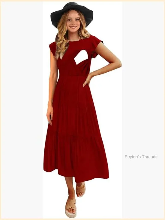 Flutter Short Sleeve Smocked Tiered Nursing Dress with Pockets