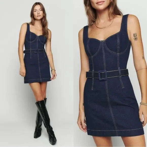 NEW Reformation Joanne Belted Denim Dress in a dark wash