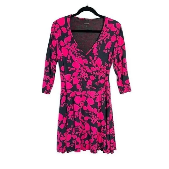 Garnet Hill Brianna Wrap Dress Pink Gray Floral Floral Print 3/4 sleeves M