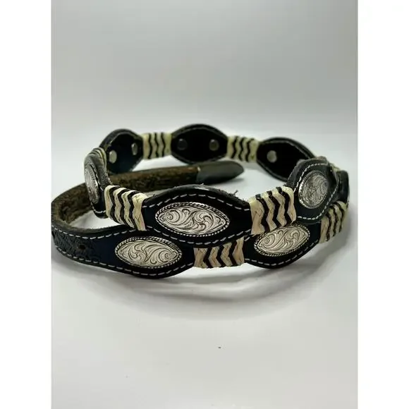 NOCONA 34” Concho Belt Silver 14K Gold Fill on Hand Tooled Leather Belt VTG READ