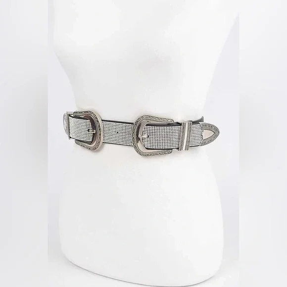 Double Buckle Silver & Black Rhinestone Western Chain Statement Belt