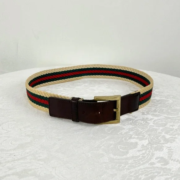 Vintage Woven Striped Preppy Belt with Leather and Brass Detailing