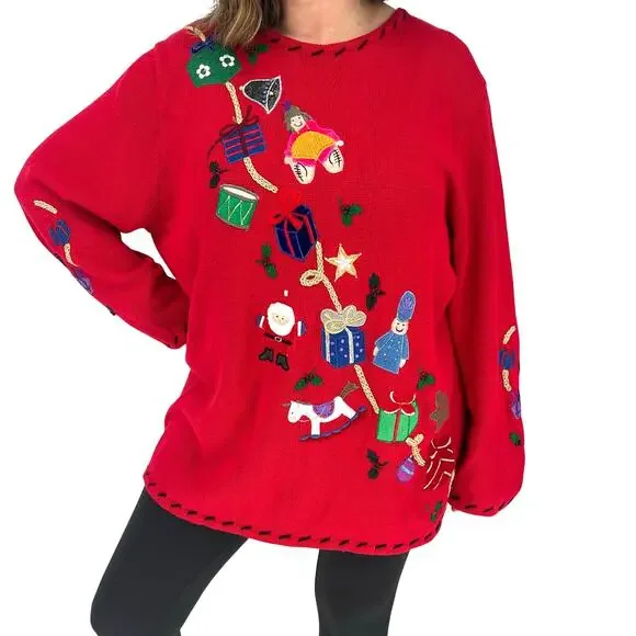 Vintage Red Christmas Sweater Embroidered Santa Toys Gifts Holiday Pullover