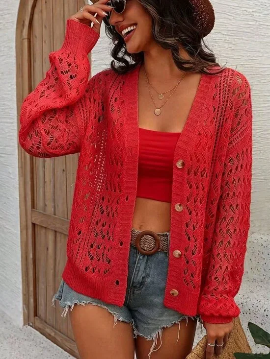 Red Casual Women's V-Neck  Button Front Hollow Knit Cardigan