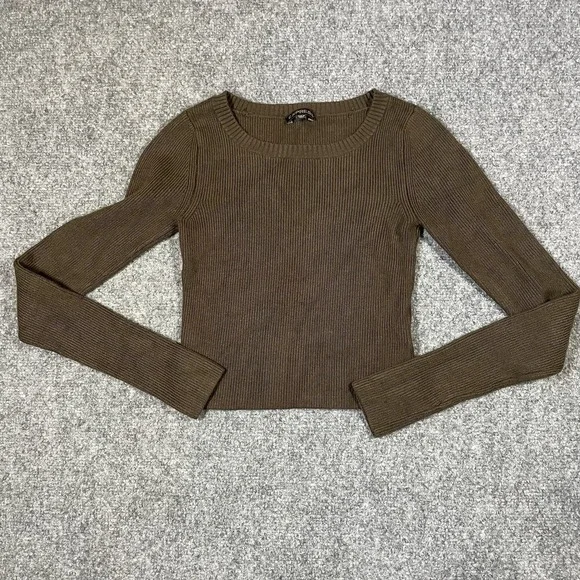 Express Cropped Sweater Women's XS Green Ribbed Long Sleeve Pullover Top Fitted