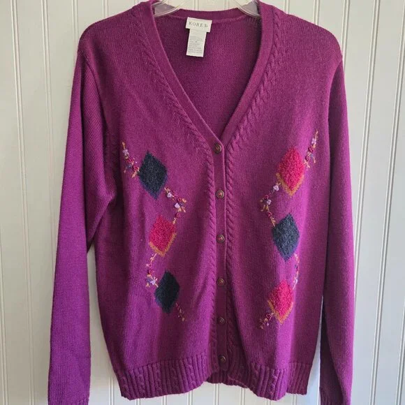 Koret Womens Medium Embroidered Knit Argyle Cardigan Academia Retro schoolgirl